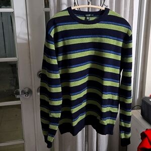 Jcrew Mens XL 100% Lambs wool Striped blue green Sweater Grandpa stylish classic